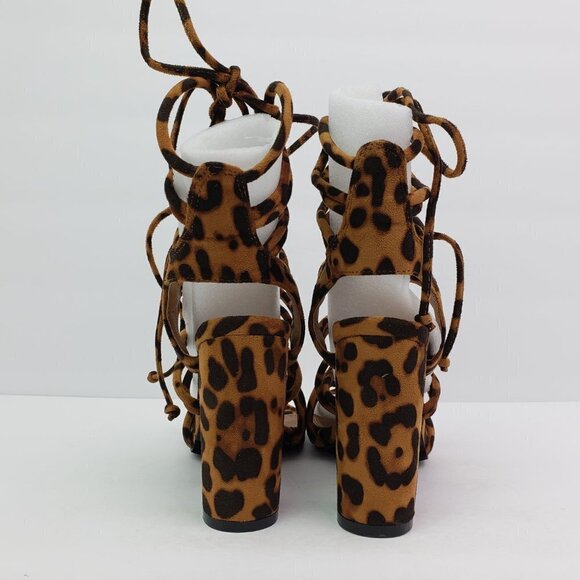 Shoe Land Kyler Womens Size 6.5 Brown Leopard Open Toe Ankle Tie Party 4" Heels - Picture 7 of 14